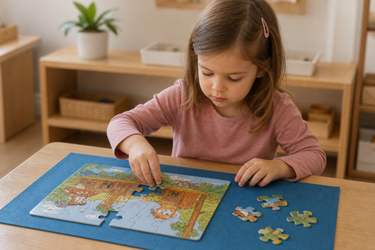 Rozlišovanie figúry a pozadia u detí pri skladaní puzzle na modrej podložke