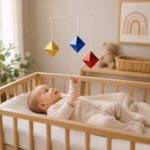 Octahedron – Montessori závesný mobil nad postieľkou s bábätkom / Montessori mobil Octahedron nad postýlkou s miminkem