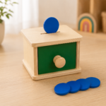 Montessori pokladnička s modrými mincami na vhadzovanie do otvoru
